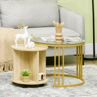 HOMCOM Set de 2 Mese de Cafea Rotunde, Set de Mese cu Masa de Cafea din Sticla, Noptiera pe Roti cu 4 Rafturi de Depozitare, Mese Laterale Moderne pentru Camera de Zi, Auriu, Stejar(m-10)