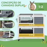 PawHut Coelheira de 2 Níveis 90x53x97 cm com Rodas Tejadilho Rebatível Tabuleiro Amovível Alimentador e Rampa cinzenta(m-4)