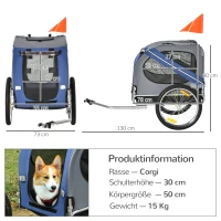 PawHut 2-in-1 Haustieranhänger Fahrradanhänger bis 20kg klappbar Regenschutz Sicherheitsfahne Reflektoren Stahl grau+blau 130 x 73 x 90cm(m-3)