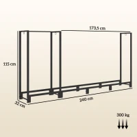Outsunny Regał na Drewno Opałowe, dwa sekcje, rama ze stali nierdzewnej, do 300 kg, 240 x 32 x 115 cm, Czarny(m-3)