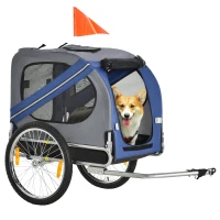 PawHut 2-in-1 Haustieranhänger Fahrradanhänger bis 20kg klappbar Regenschutz Sicherheitsfahne Reflektoren Stahl grau+blau 130 x 73 x 90cm(m-1)