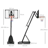 SPORTNOW Tabela de Basquetebol com Altura Ajustável Rodas Base Preenchida com Água ou Areia para Exterior 111x70,5x293-350 cm Preto(m-3)