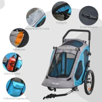 PawHut 2-in-1 Hundeanhänger Hundewagen bis 20kg klappbar Sicherheitsleine Reflektoren Stahl Blau+Grau(m-5)