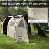 Outsunny Tenda de Campismo Familiar para 2 Pessoas com 2 Ambientes 5 Portas e Bolsa de Transporte Impermeável 460x230x180 cm Caqui(m-4)