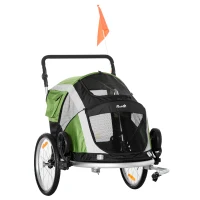 PawHut 2-in-1 Hundeanhänger Fahrradanhänger bis 30kg klappbar Aufbewahrungstaschen Sicherheitsleine Seischnalle Reflektoren Oxford-Gewebe Grün+Silber 150 x 82 x 108 cm(m-14)