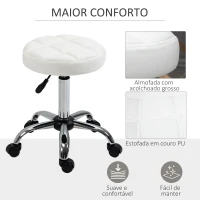 HOMCOM Banco Giratório com Rodas Altura Ajustável entre 48-63cm Banco de Trabalho Estofado em Couro PU para Salão Dentista Diâmetro Ø35,5cm Branco(m-5)