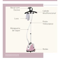 HOMCOM Ferro de Engomar a Vapor com Depósito de 1,4L e Temperatura Ajustável em 11 Níveis 26x21,5x146 cm Rosa(m-5)