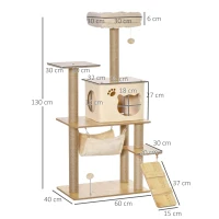 PawHut Árvore Arranhadora para Gatos Torre de Escalada com Plataformas Rede Escada Caverna Postes para Arranhar de Juta Bola Supensa e Descanso 60x40x130cm Bege(m-3)