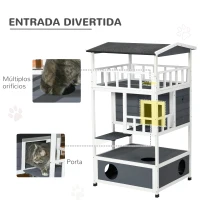 PawHut Casa para Gatos Caseta de madeira em abeto com espaço amplo com 4 pisos e espaço destacável para areia 75,5x75x137 cm(m-6)