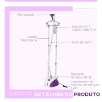 HOMCOM Ferro de Engomar Vertical Depósito 2L 1950W e Temperatura Ajustável em 11 Níveis 24x35x47,5-122,5 cm Roxo e Branco(m-6)