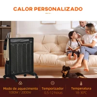 HOMCOM Aquecedor Elétrico 1000/2000W com Painel de Mica Controlo Remoto Termostato Temporizador e 4 Rodas 56x26,5x61,5cm Preto(m-5)