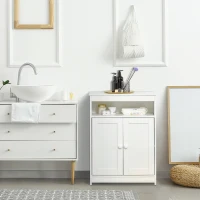 HOMCOM Armário para Casa de Banho com 2 Portas Prateleira Interior Ajustável e Compartimento Aberto Móvel Auxiliar de Armazenamento para Sala de Estar Cozinha 60x30x80cm Branco(m-2)