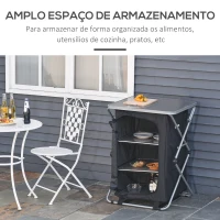 Outsunny Armário de cozinha de acampamento dobrável com para vento 3 prateleiras Bolsa de armazenamento bancada de 65x58x93 cm para piqueniques de acampamento Tecido Oxford Preto(m-5)