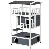 PawHut Casa para Gatos Caseta de madeira em abeto com espaço amplo com 4 pisos e espaço destacável para areia 75,5x75x137 cm