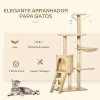 PawHut Arranhador para Gatos de 134,2 cm com Caverna Plataformas Rato de Brinquedo Rede e Postes de Sisal 50x35x134,2 cm Bege(m-4)