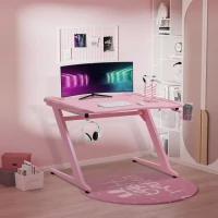 HOMCOM 122 x 66 cm Gaming Desk, Carbon Fibre Covered Computer Desk, Gamer Workstation with Headphone Hook, Cup Holder and Gamepad Storage Rack, Pink(m-10)