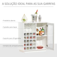 HOMCOM Aparador de Cozinha com Suporte para 20 Garrafas Armário Auxiliar com 1 Porta de Cristal Prateleiras e Suporte para Taças de Vinho para Sala de Estar Bar 80x36x85cm Branco(m-4)
