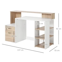 HOMCOM Secretária para Computador 137x55x92cm Secretária com 3 Prateleiras 2 Gavetas e Suporte para Impressora para Escritório Estudio Branco e Carvalho(m-3)
