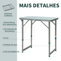 Outsunny Mesa Dobrável de Campismo Tipo Mala Mesa Portátil  para Praia Piquenique com Altura Ajustável 60x45x64 cm Prata(m-5)