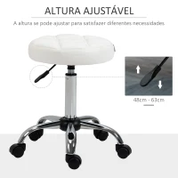 HOMCOM Banco Giratório com Rodas Altura Ajustável entre 48-63cm Banco de Trabalho Estofado em Couro PU para Salão Dentista Diâmetro Ø35,5cm Branco(m-4)