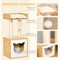 PawHut Árvore para Gatos de 2 Níveis com Caverna Superior Postes Arranhadores de Sisal Natural Almofadas Laváveis e Bola de Brinquedo 35x35x81cm Carvalho(m-6)
