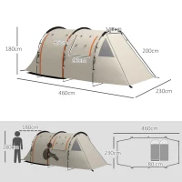 Outsunny Tenda de Campismo Familiar para 2 Pessoas com 2 Ambientes 5 Portas e Bolsa de Transporte Impermeável 460x230x180 cm Caqui(m-3)