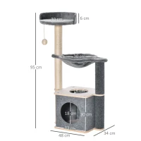PawHut Árvore Arranhador para Gatos Árvore para Escalar Brincar e Descansar com Rede Plataformas Caverna Bola Suspensa e Poste de Sisal para Aranhar 48x34x95cm Cinza(m-3)