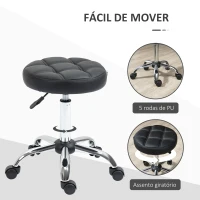 HOMCOM Banco Giratório com Rodas Altura Ajustável entre 48-63cm Banco de Trabalho Estofado em Couro PU para Salão Dentista Diâmetro Ø35,5cm Preto(m-6)