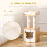 PawHut Árvore para Gatos de 2 Níveis com Caverna Superior Postes Arranhadores de Sisal Natural Almofadas Laváveis e Bola de Brinquedo 35x35x81cm Carvalho(m-5)