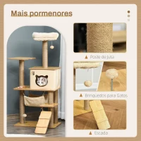 PawHut Árvore Arranhadora para Gatos Torre de Escalada com Plataformas Rede Escada Caverna Postes para Arranhar de Juta Bola Supensa e Descanso 60x40x130cm Bege(m-5)