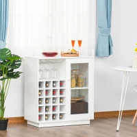 HOMCOM Aparador de Cozinha com Suporte para 20 Garrafas Armário Auxiliar com 1 Porta de Cristal Prateleiras e Suporte para Taças de Vinho para Sala de Estar Bar 80x36x85cm Branco(m-2)