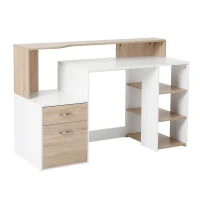 HOMCOM Secretária para Computador 137x55x92cm Secretária com 3 Prateleiras 2 Gavetas e Suporte para Impressora para Escritório Estudio Branco e Carvalho(m-1)