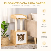 PawHut Árvore para Gatos de 2 Níveis com Caverna Superior Postes Arranhadores de Sisal Natural Almofadas Laváveis e Bola de Brinquedo 35x35x81cm Carvalho(m-4)
