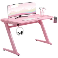 HOMCOM 122 x 66 cm Gaming Desk, Carbon Fibre Covered Computer Desk, Gamer Workstation with Headphone Hook, Cup Holder and Gamepad Storage Rack, Pink(m-11)