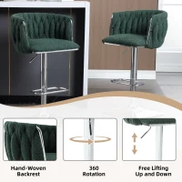 Set of 2 Kitchen Bar Stools with Woven Backs and Silver Base, Height Adjustable Bar Chairs, for Kitchen Island and Pub, 53x51x87 cm, Emerald(m-5)