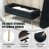 Velvet Upholstered Storage Ottoman Bench with Metal Legs, Footrest Sofa for Bedroom and Living Room, 104x40x51 cm, Black(m-4)