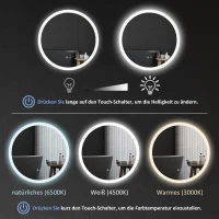 kleankin LED Badkamerspiegel, Verstelbare Helderheid, Ontwaseming, Touch, IP44, Metaal/Glas, Ø60 cm, Wit/Zilver(m-5)