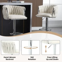 Adjustable Bar Stools Set of 2 with Woven Backs and Silver Base, Upholstered Boucle Fabric, for Kitchen Island and Pub, 53x51x87 cm, Ivory(m-5)