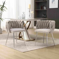 Set of 2 Modern Hand Weaving Dining Chairs with Silver Legs and Armrests, Boucle Upholstered Side Chairs, Set of 2 Dining Chair for Living Room, 54x52x73 cm, Gray(m-6)