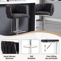 Set of 2 Adjustable Upholstered Swivel Kitchen Stools with Silver Base, Bar Stools with Backs for Kitchen Island, Pub, 53x51x87 cm, Black(m-5)