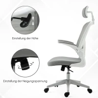 Vinsetto Bürostuhl ergonomischer Shreibtischstuhl mit Wippfunktion hoher Rückenlehne Lendenwirbelstütze Kopfstütze hochklappbarem Arm Home-Office Grau 65 x 64 x 114-122 cm(m-5)