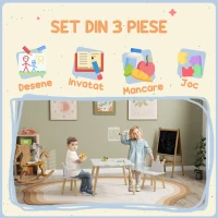 AIYAPLAY Set Masă și 2 Scaune pentru Copii 3-6 Ani, Masă Ondulată și Scaune în Formă de Coroană, 60x60x44 cm, Alb(m-4)