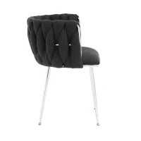 Set of 2 Modern Hand Weaving Dining Chairs with Silver Legs and Armrests, Boucle Upholstered Dining Chairs, Set of 2 Dining Chair for Living Room, 54x52x73 cm, Black(m-12)