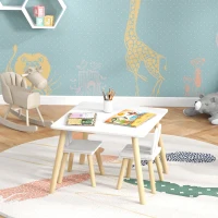 AIYAPLAY Set Masă și 2 Scaune pentru Copii 3-6 ani, Masă și Scaune cu Spătar în Formă de Urechi, 60x60x44 cm, Alb(m-7)