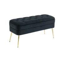 Velvet Upholstered Storage Ottoman Bench with Metal Legs, Footrest Sofa for Bedroom and Living Room, 104x40x51 cm, Black(m-9)