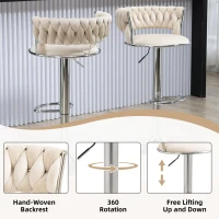 Set of 2 Kitchen Bar Seats with Back and Footrest, 360° Swivel Velvet Bar Chairs with Silver Legs, Adjustable Seat Height, 54x46x97 cm, Ivory(m-5)