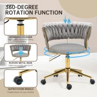 Velvet Swivel Executive Office Desk Chair with Hand-Woven Backrest, 360° Swivel and Height Adjustable, Stainless Base and 5 Wheels, 62x62x77 cm, Gray(m-6)