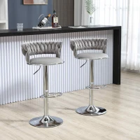 Set of 2 Adjustable Kitchen Bar Stools with Back and Footrest, 360° Swivel Velvet Bar Chairs with Silver Legs, 54x46x97 cm, Gray(m-7)