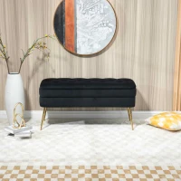 Velvet Upholstered Storage Ottoman Bench with Metal Legs, Footrest Sofa for Bedroom and Living Room, 104x40x51 cm, Black(m-6)