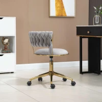 Velvet Swivel Executive Office Desk Chair with Hand-Woven Backrest, 360° Swivel and Height Adjustable, Stainless Base and 5 Wheels, 62x62x77 cm, Gray(m-8)